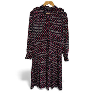 Valencia Dark Academia Retro Midi Dress Navy Red Geometric Chain Print